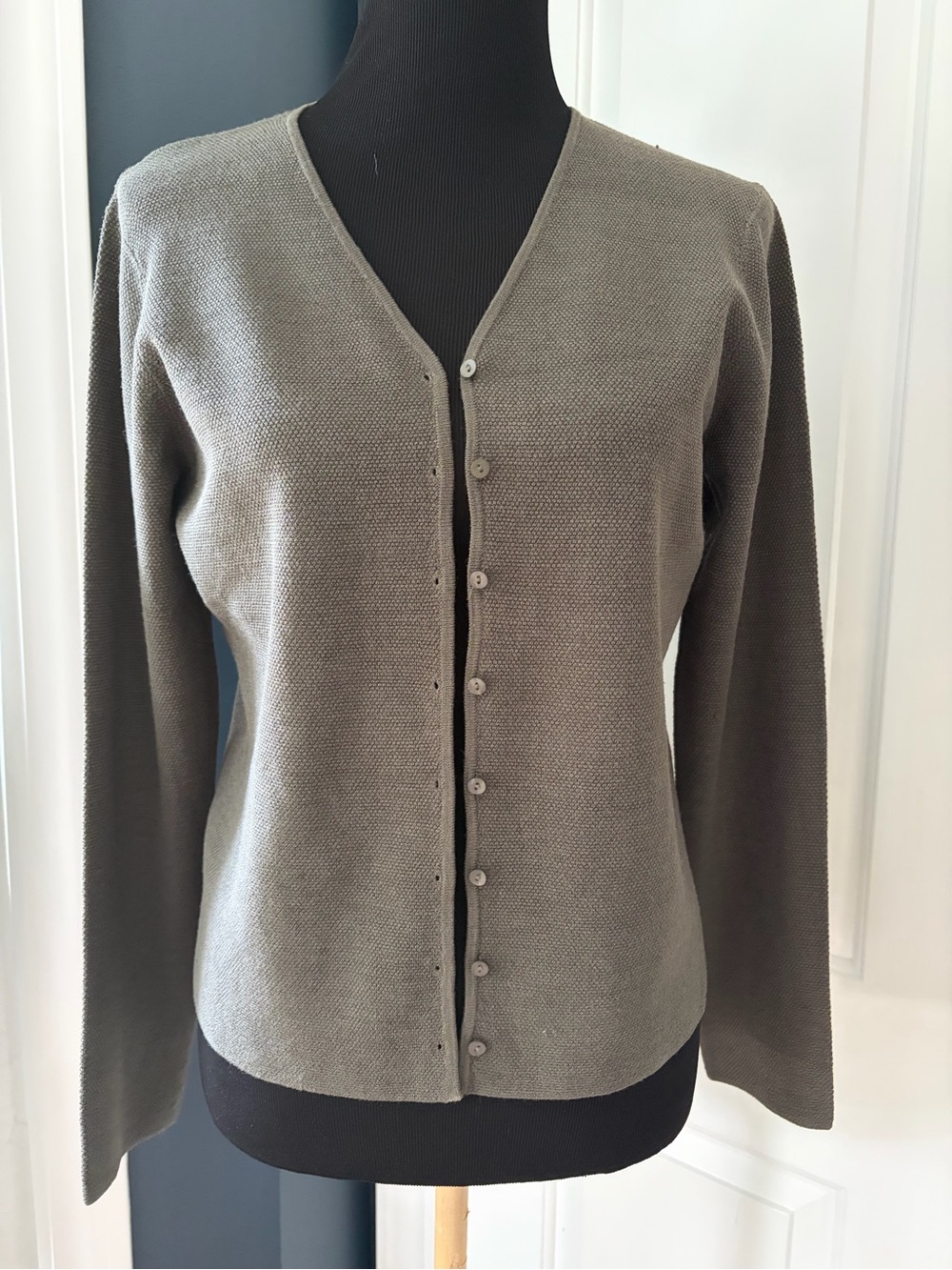 Eileen Fisher Olive-Grey Button Front V-Neck Cardigan